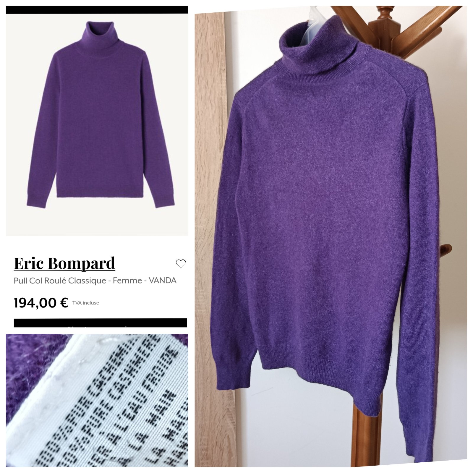 Pull col roulé violet Éric Bompard 100% cachemire t.s/m