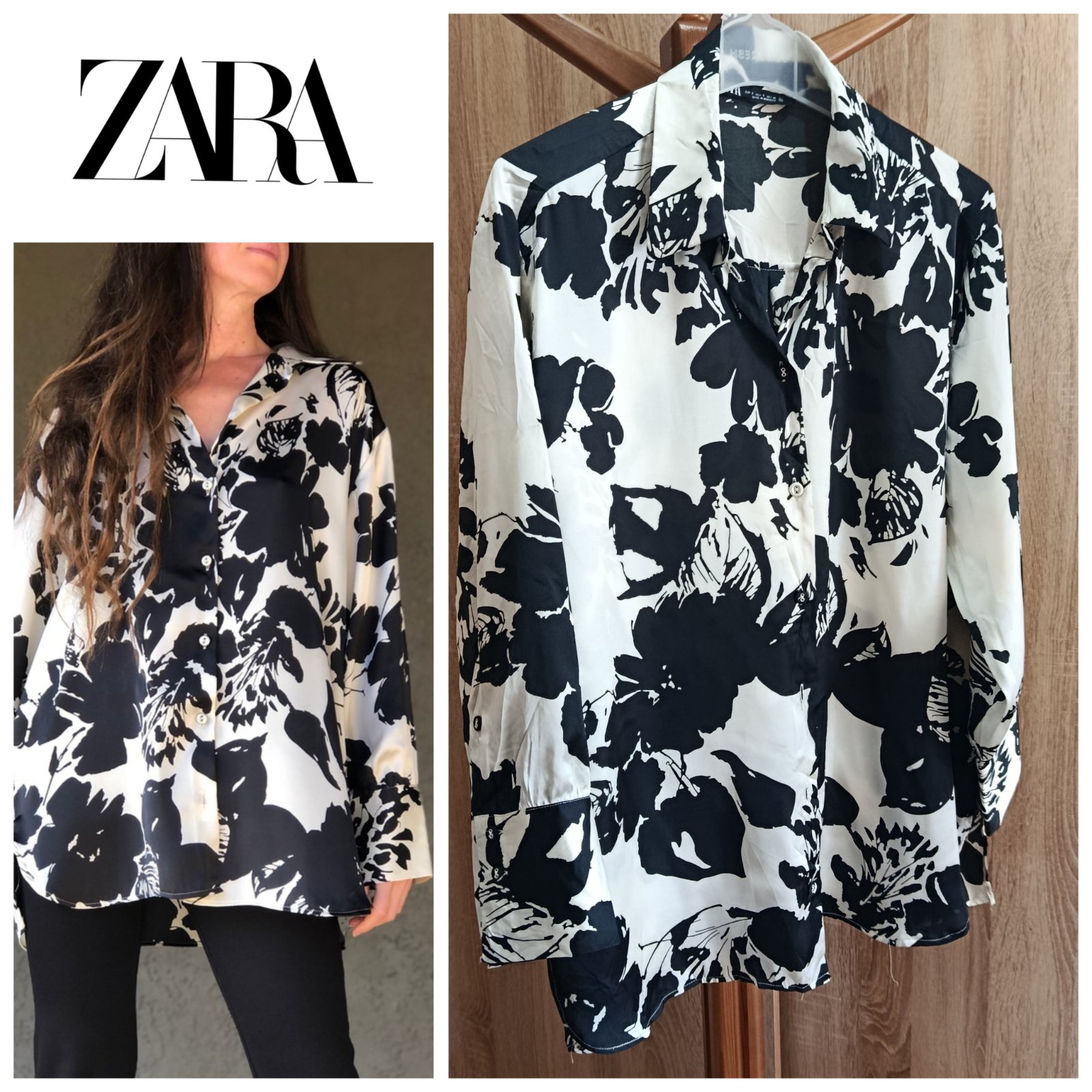 -20% code sifek20 Chemise satinée Zara noir& blanc T.s oversize 