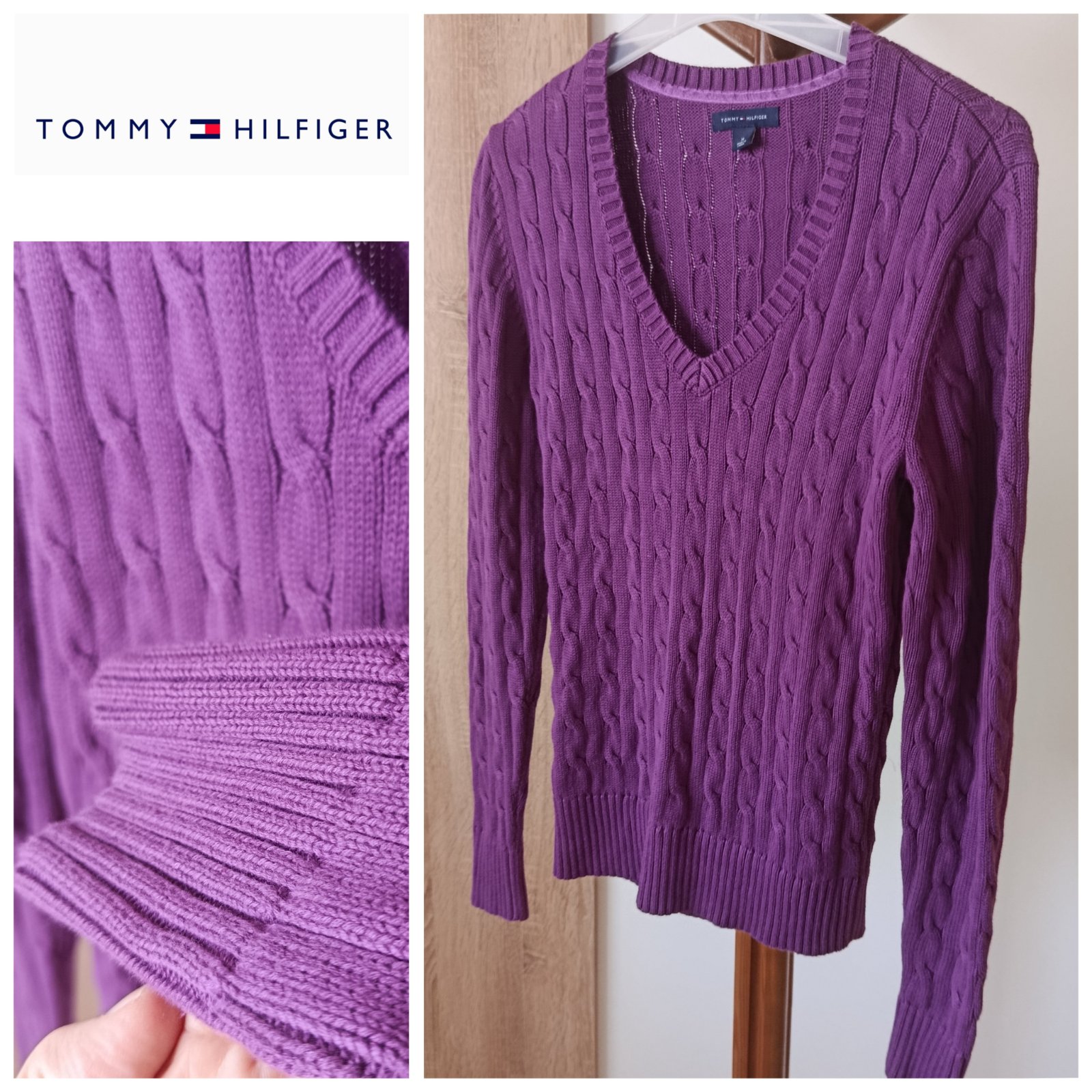 Pull torsadé violet col V tommy Hilfiger T.m