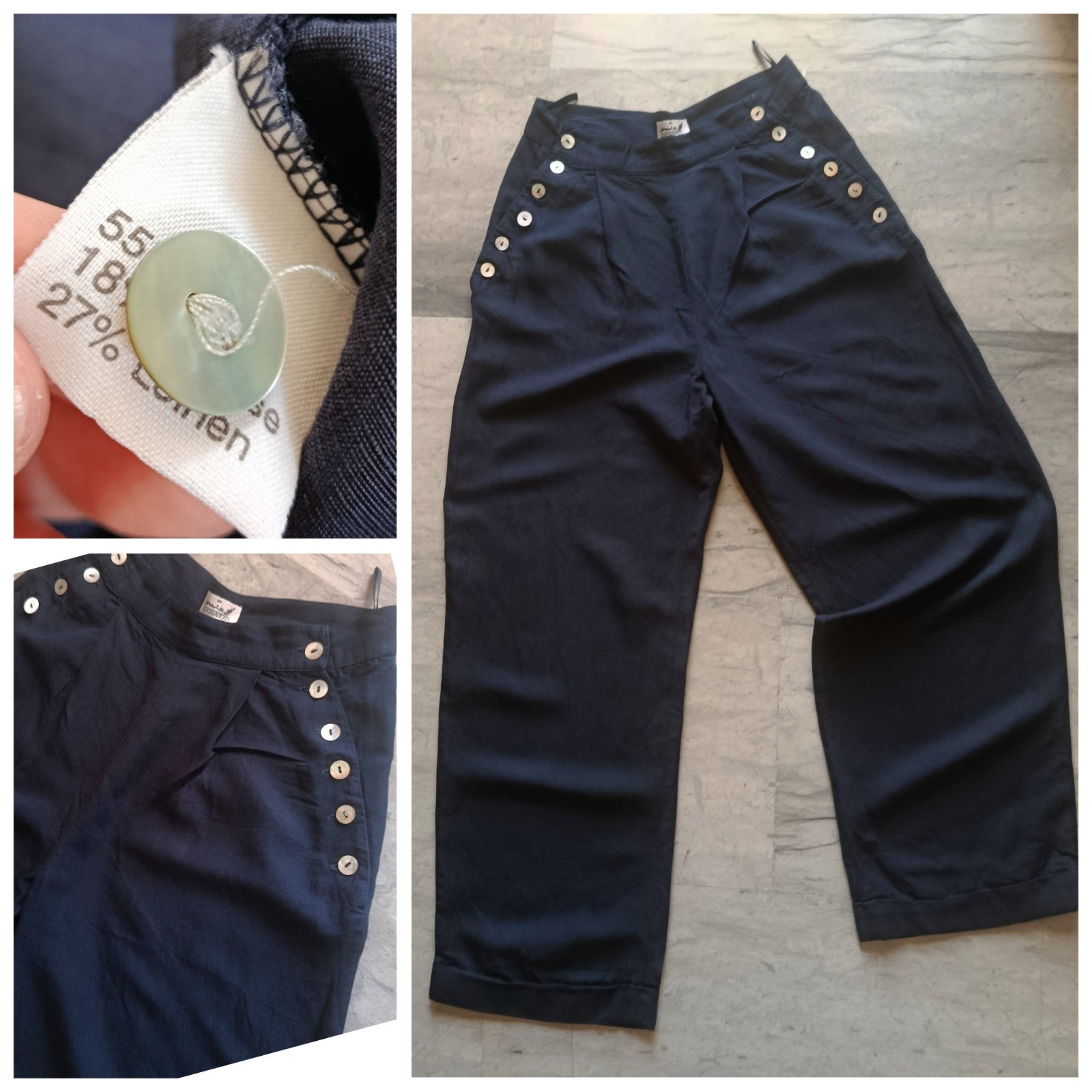 Pantalon bleu nuit taille haute en lin mélangé T.S/M