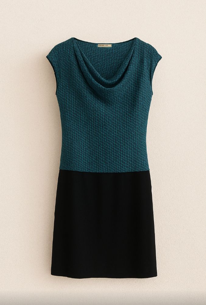 Robe élégante sans manches, coupe droite courte de la marque camaïeu importée 🇲🇫.Le haut est en tissu effet soie bleu canard sur fond noir, avec un joli col bénitier souple et des motifs géométriques discrets. Le bas est noir uni et élastique .