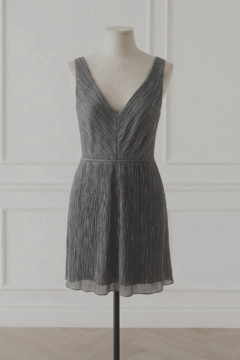 Une robe soirée finement plissée,couleur gris avec rayures brillant argenté 
