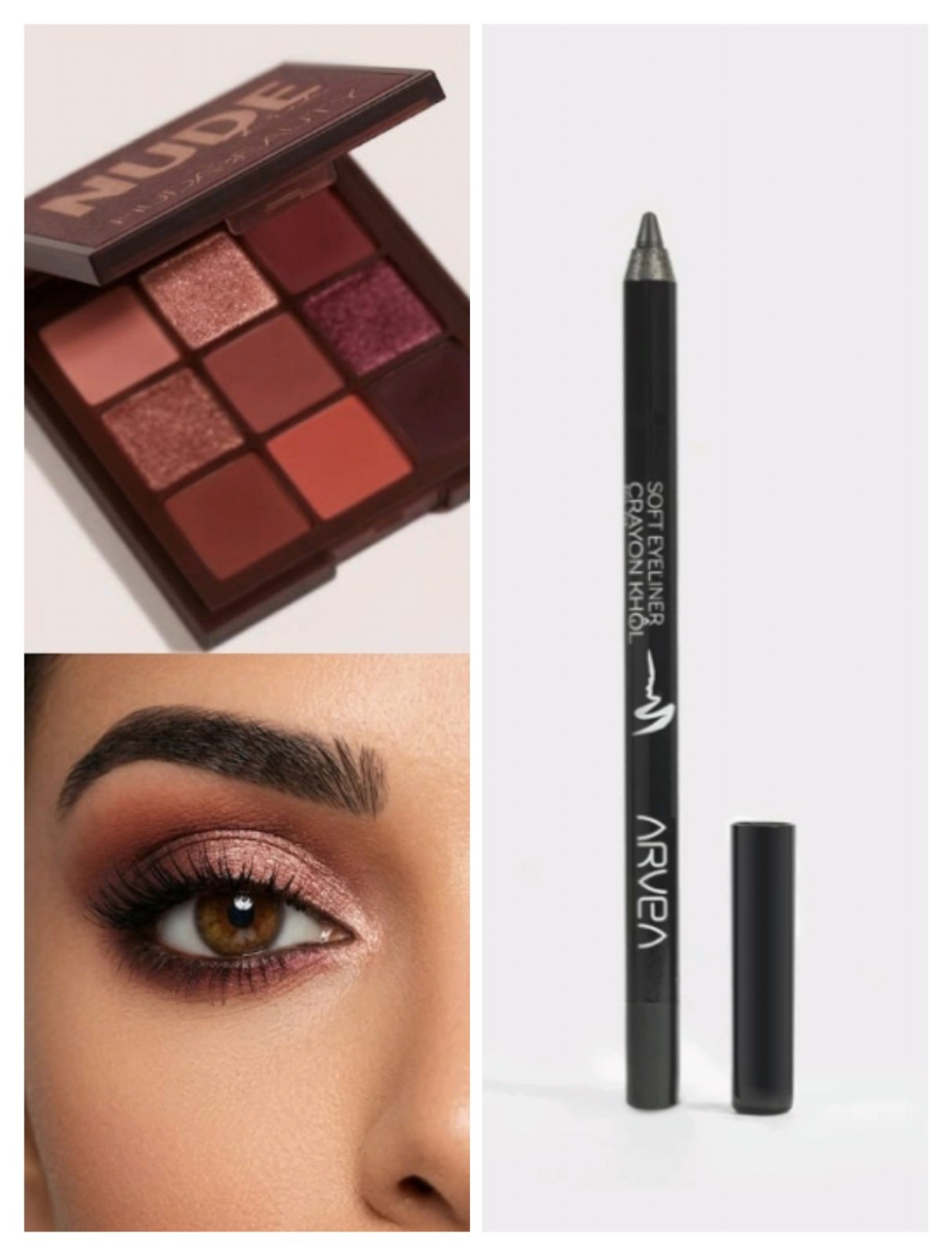 Crayon Khol n° 01 arvea nature made in Germany + une mini palette huda beauty nude rich,les deux sont très peu utilisés