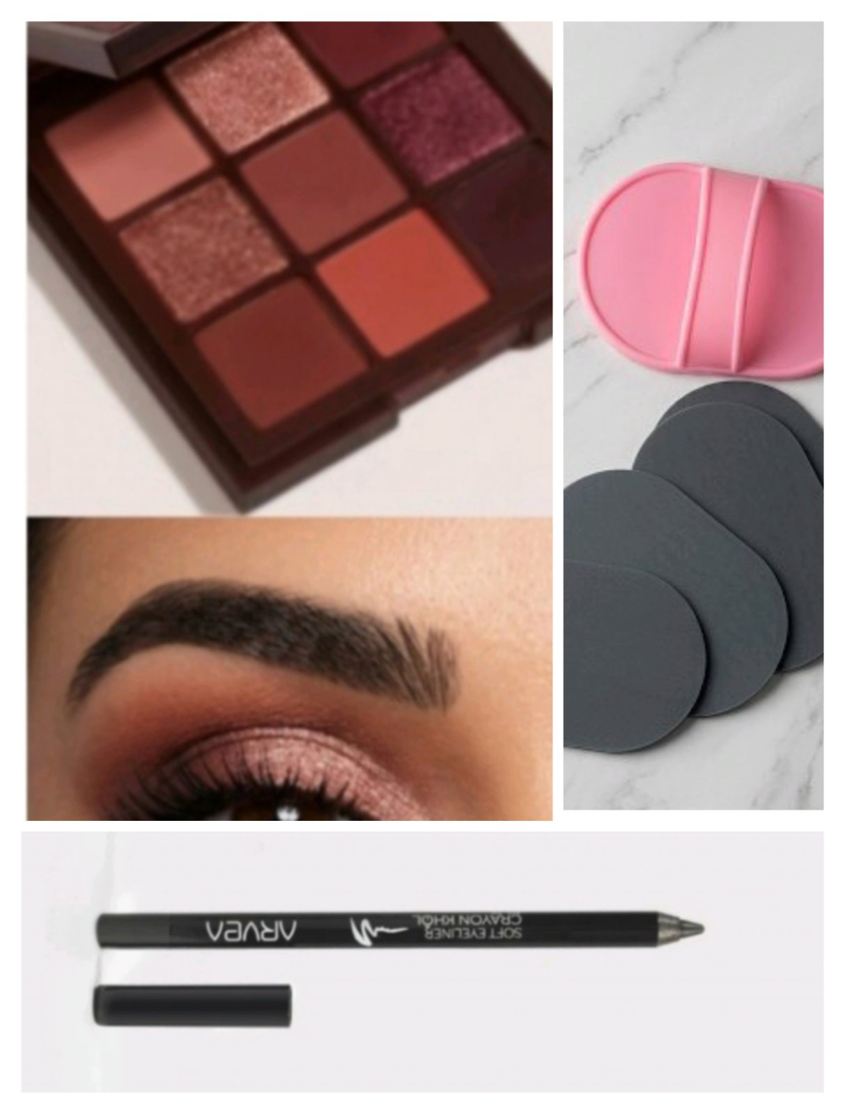 Coussinet d'épilation rose + 4 disque+Crayon Khol n° 01 arvea nature made in Germany + une mini palette huda beauty nude rich,les deux sont très peu utilisés