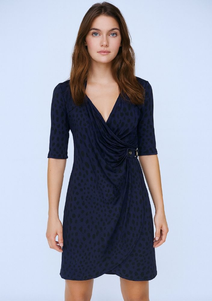 Robe courte élégante et tendance, couleur bleu marine à pois noir de la marque Promod importée 🇲🇫