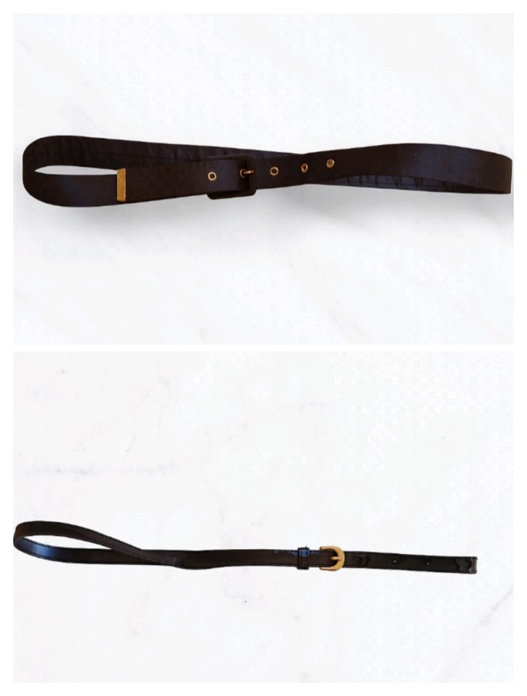 Ceinture noir fine, celle de haut est satinée et la deuxième est de couleur noir vernis avec boucle dorée.53d la pièce importée 🇲🇫