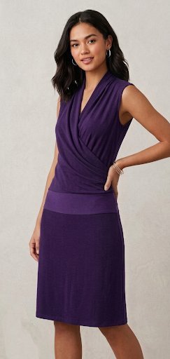 Une robe sans manche décolleté croisé en V tissu doux et élastique avec une large ceinture (bande) satiné marque joliment la taille 