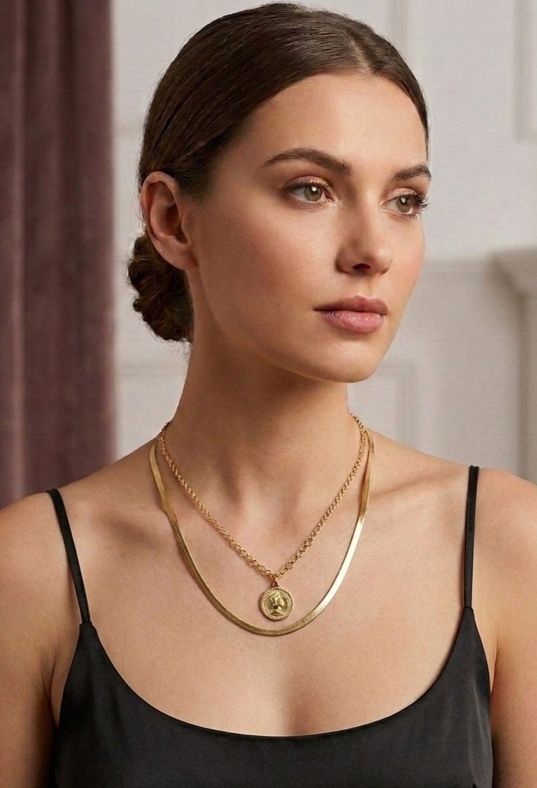 Collier Double Chaîne Dorée – Maille Serpent & Médaillon Pièce Antique