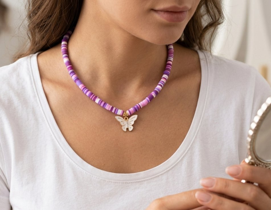 Collier en heishi motif papillon (acier inoxydable)