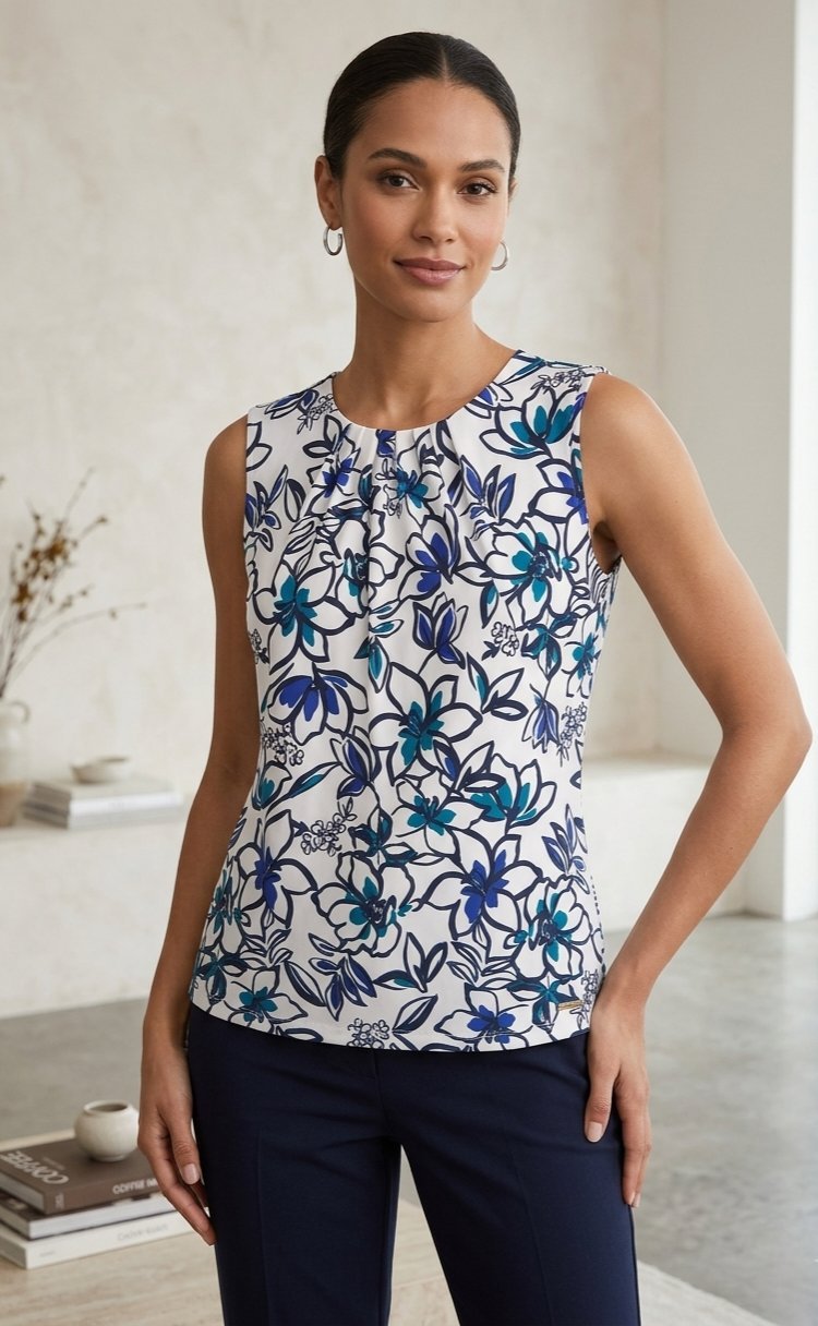 Blouse sans manches à col rond plissé