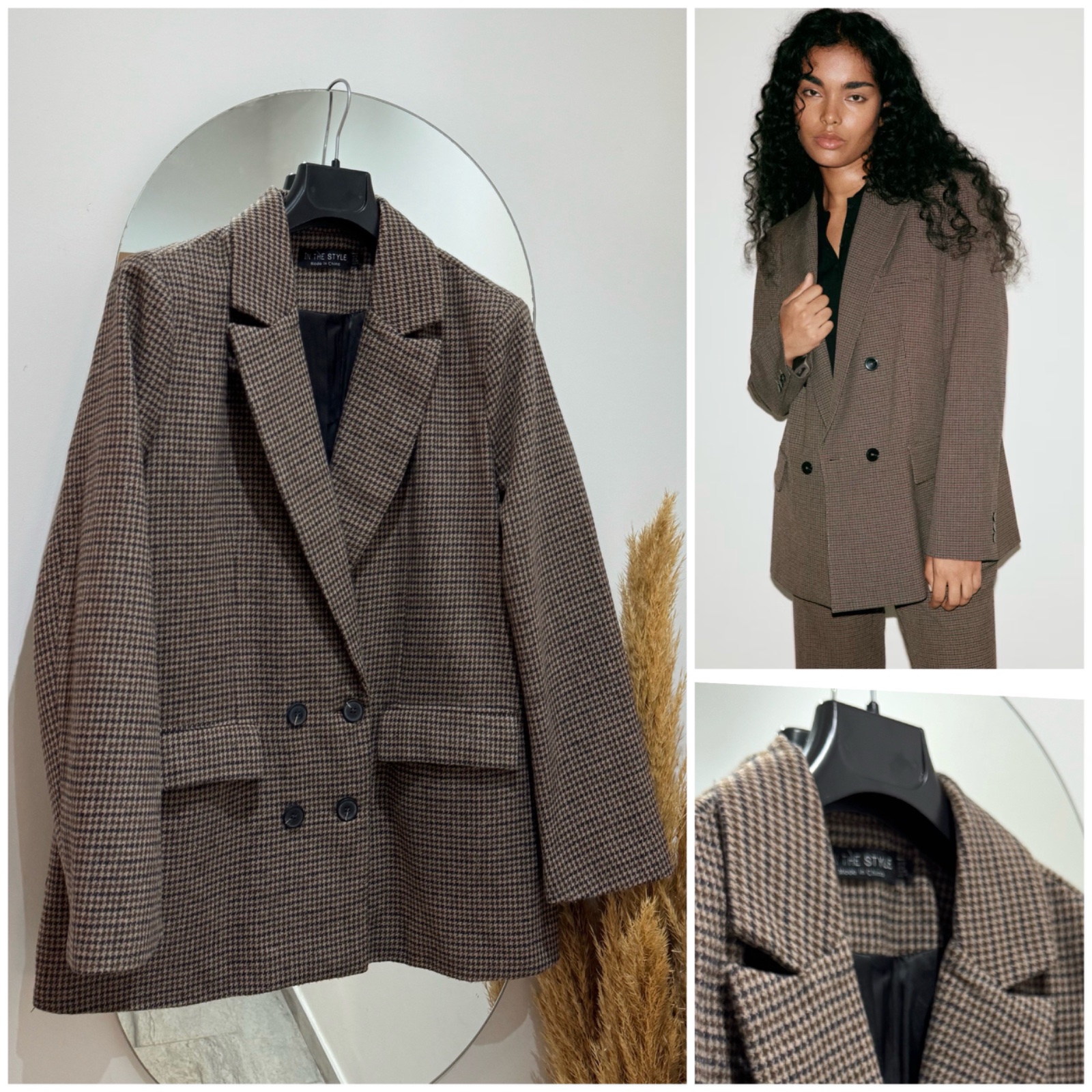 blazer croisé oversize à motif micro pied-de-poule marron