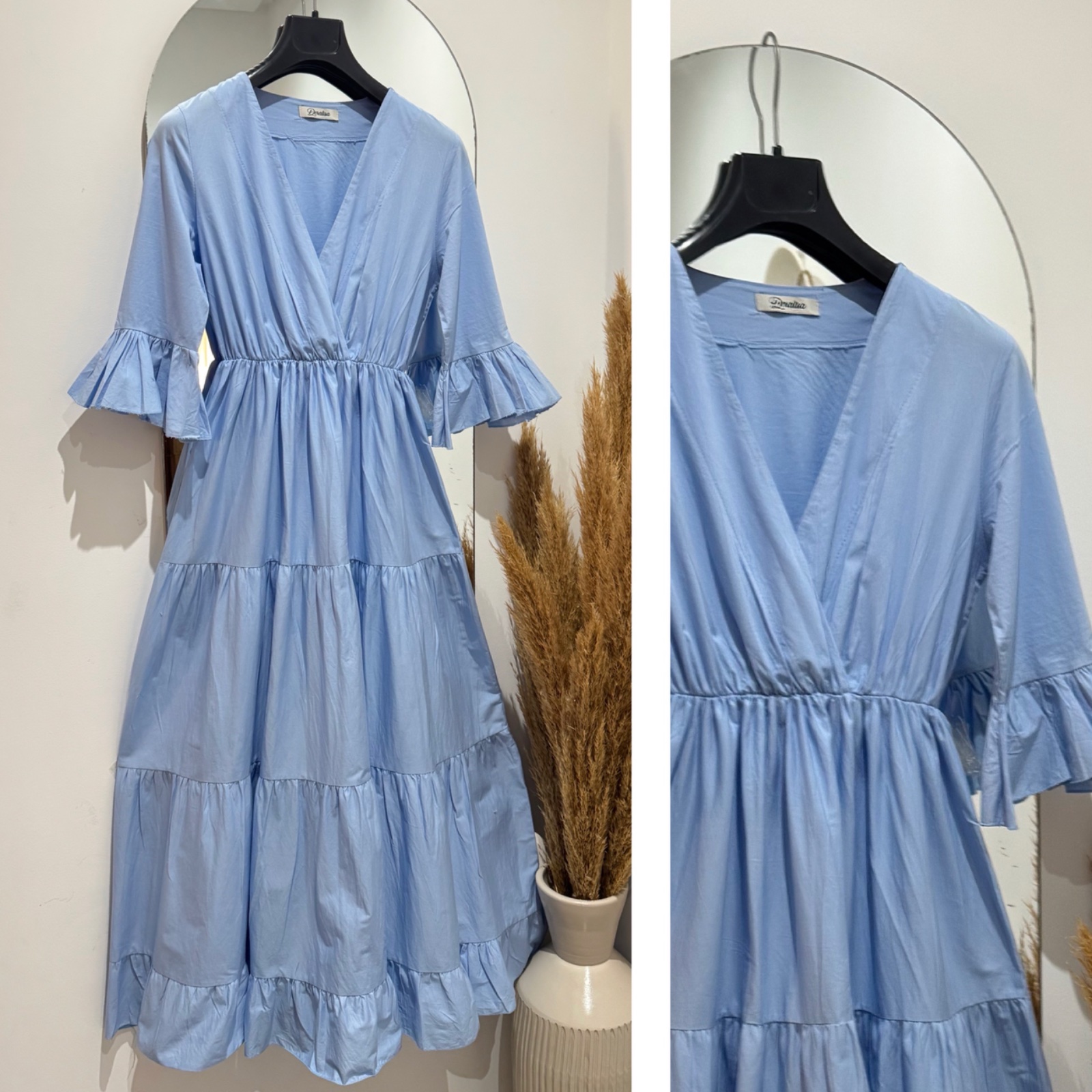 Maxi dress bleu en popeline de coton avec taille élastique 