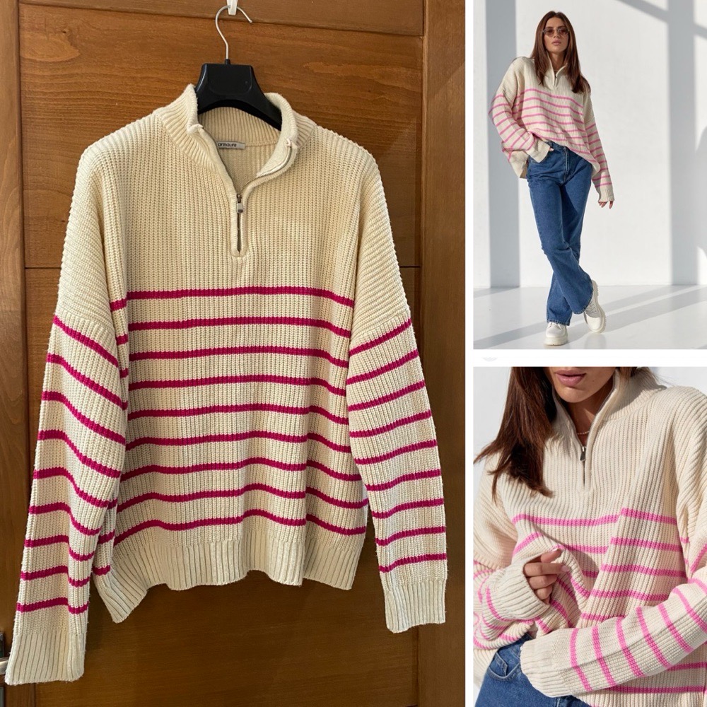 Pull rayé beige rose over size 