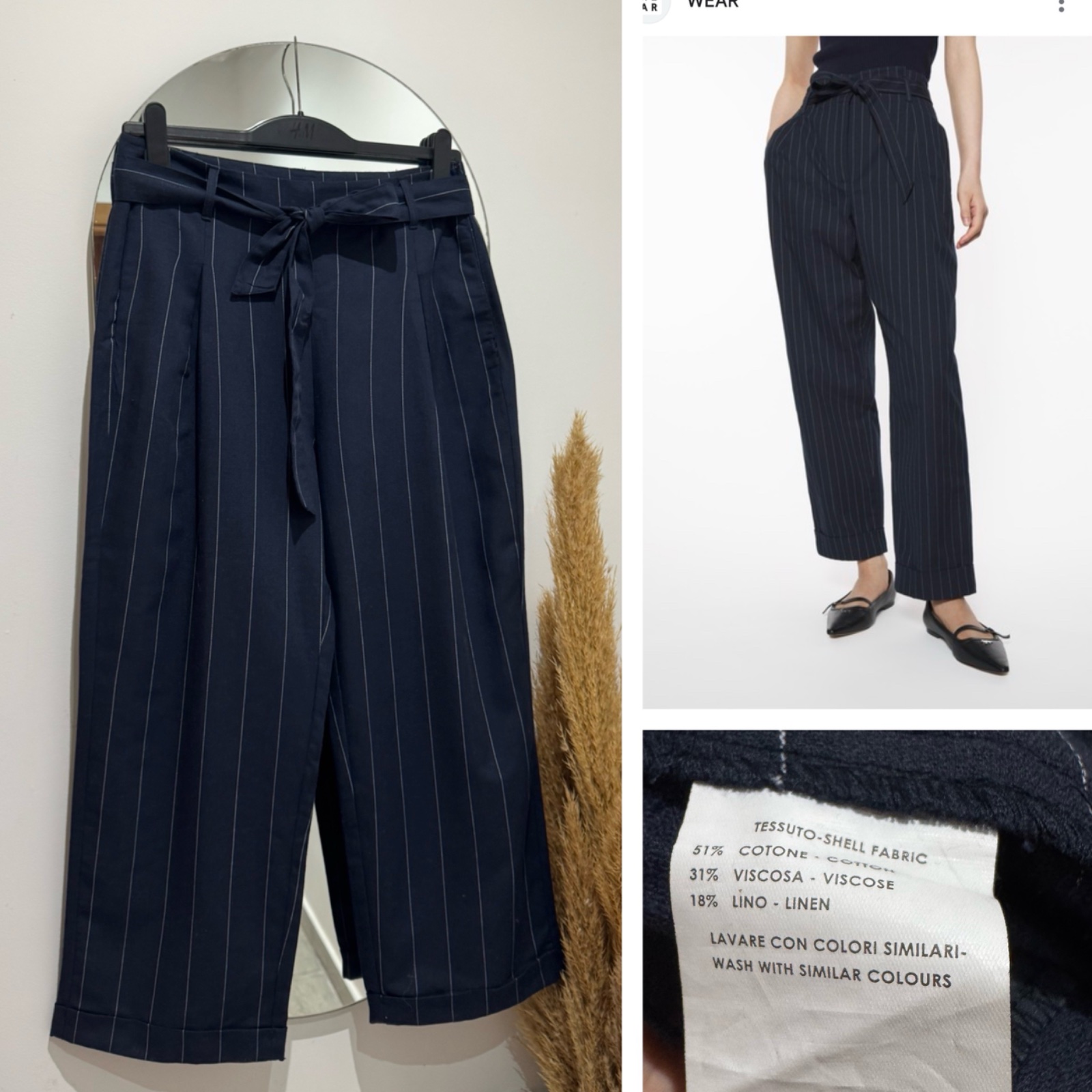 Pantalon cheville à ceinture en lin/viscose/ coton 