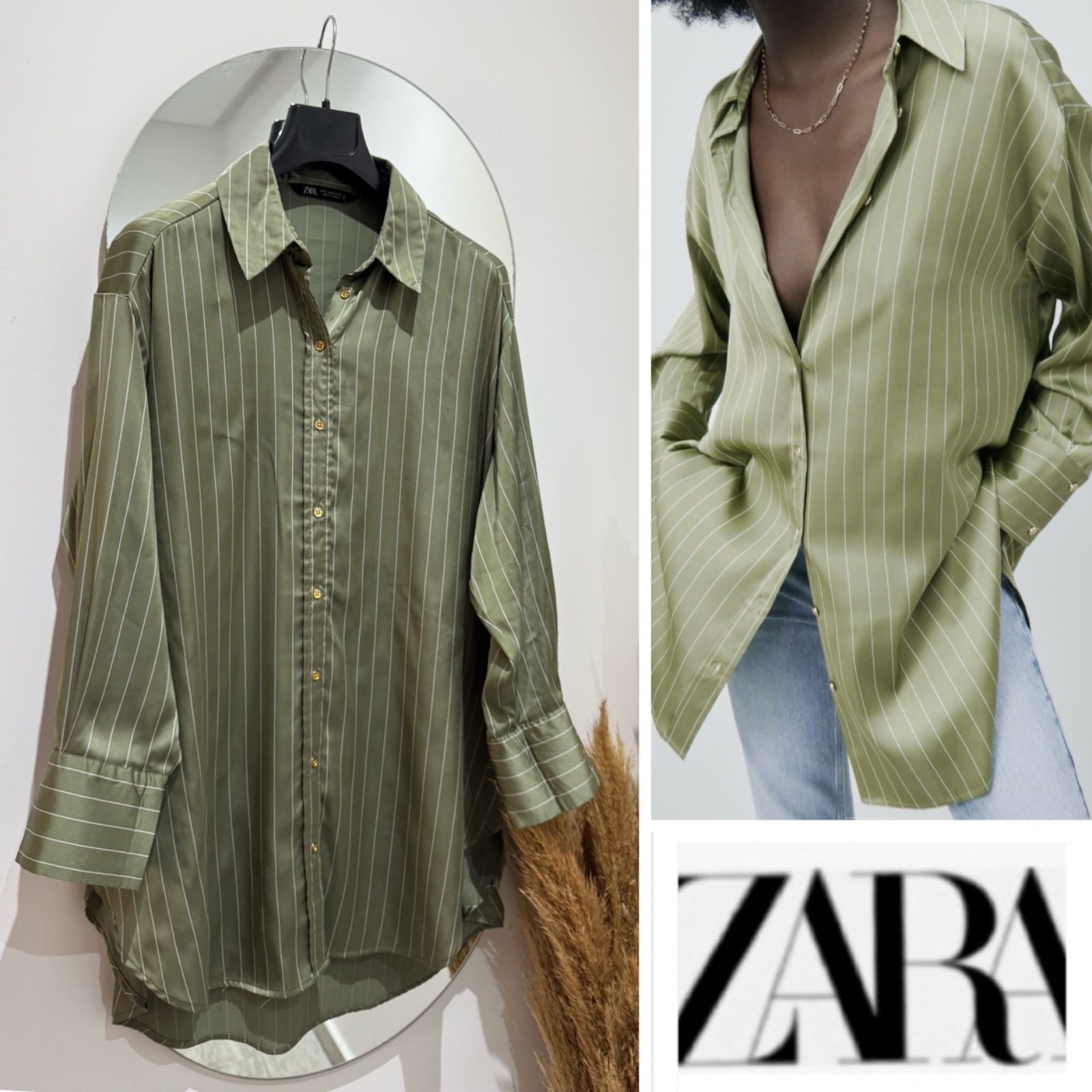 Blouse ZARA satinée vert olive oversize 