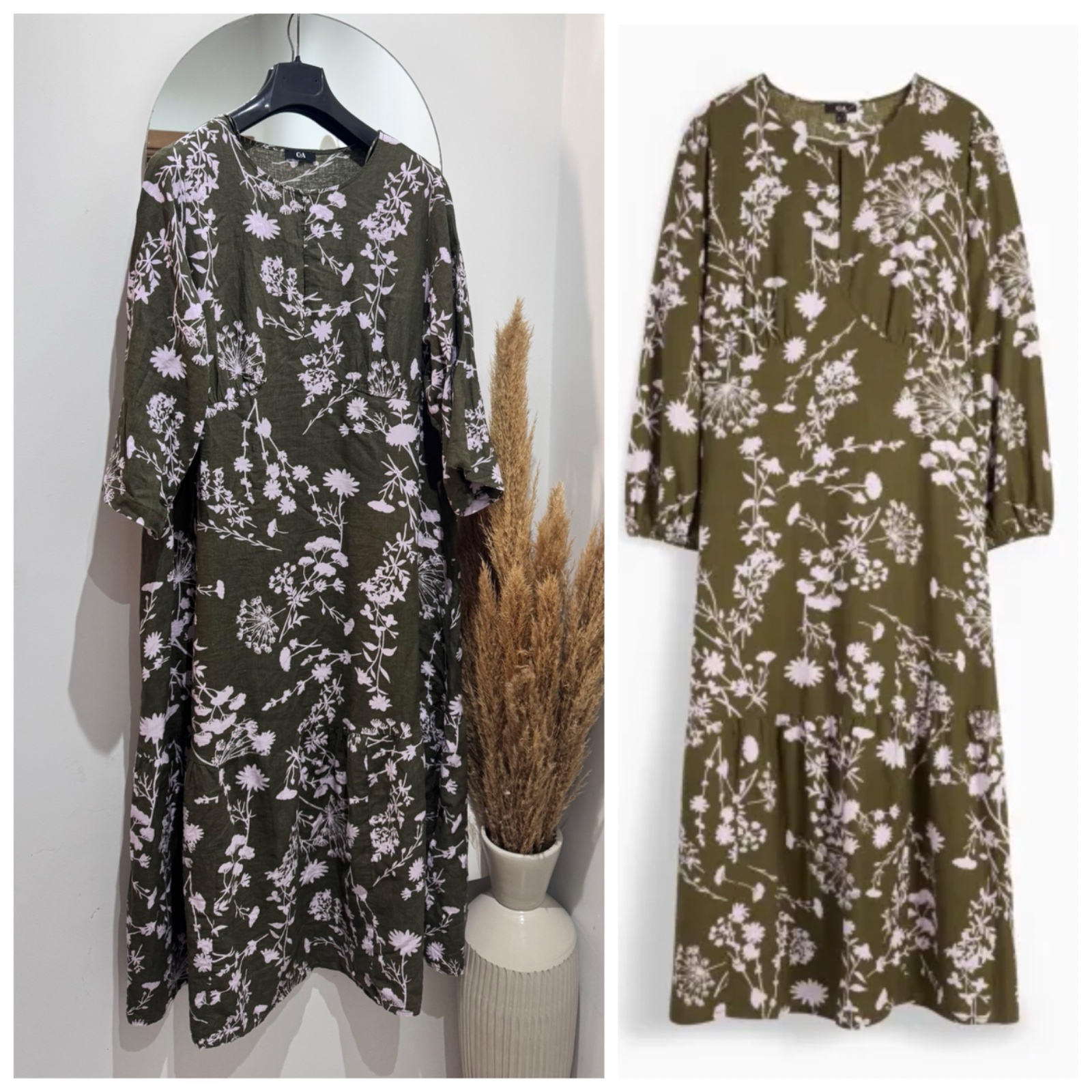 Robe longue à imprimé floral de la marque C&A, de couleur kaki avec des fleurs blanches.