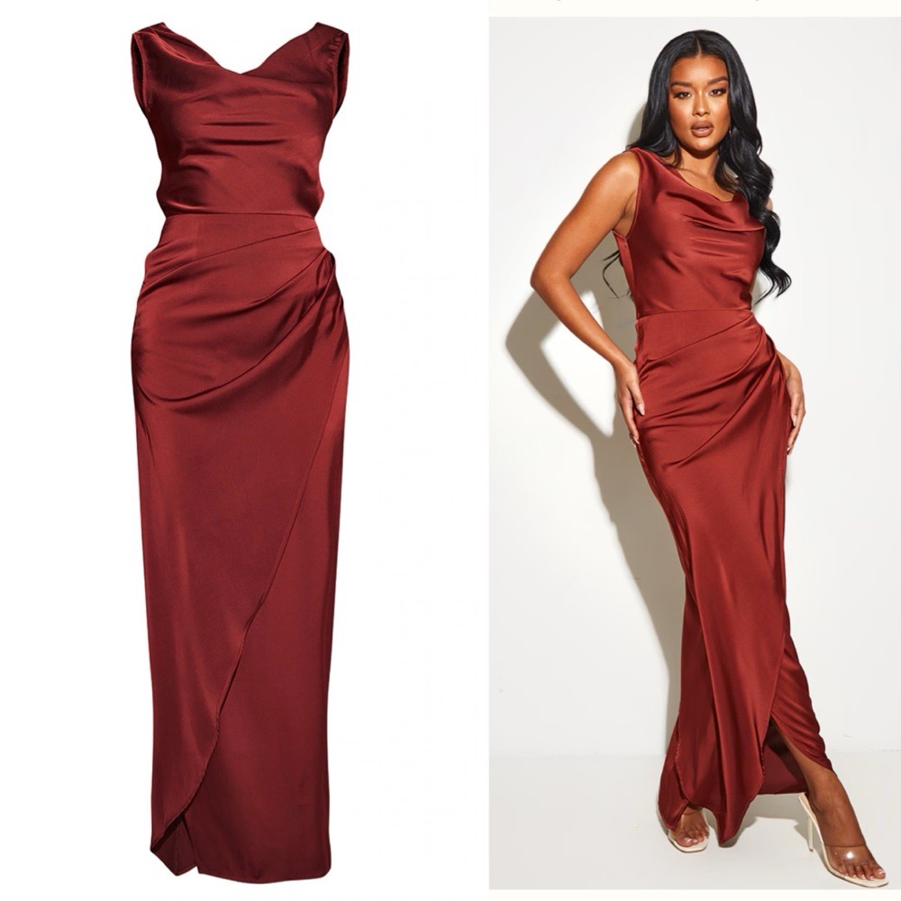 MAXI DRESS SATIN COWL NECK DRAPED MAXI DRESS
