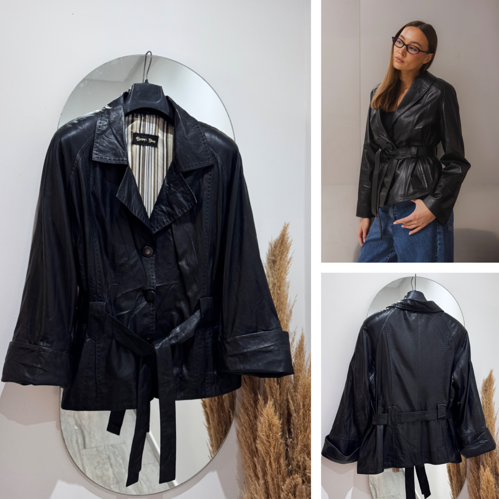 Veste à ceinture en vetitable cuir d'agneau 