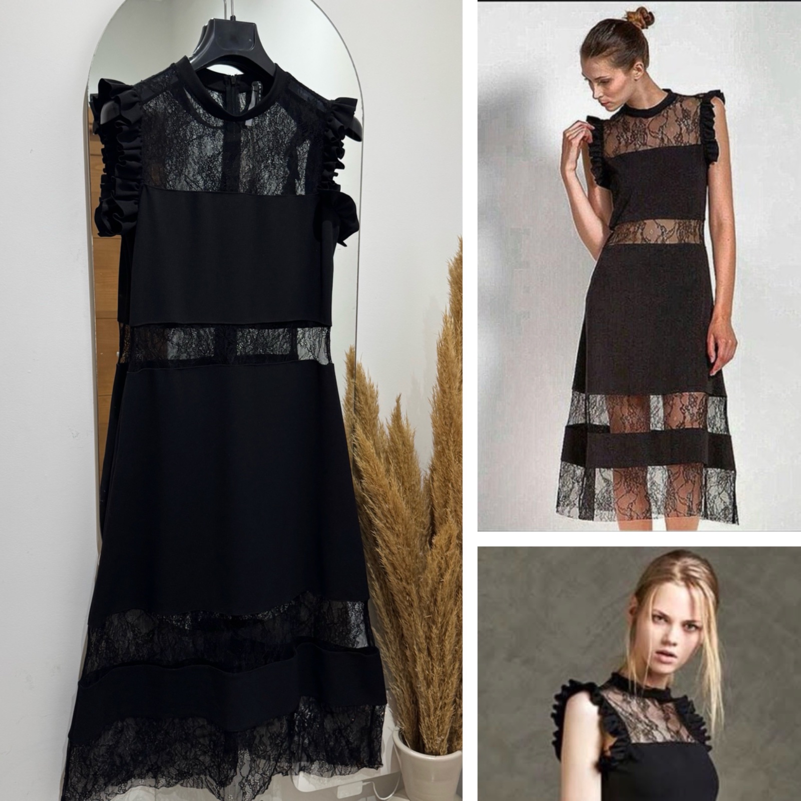  Robe longue évasée noire avec empiècements en dentelle par Imperial