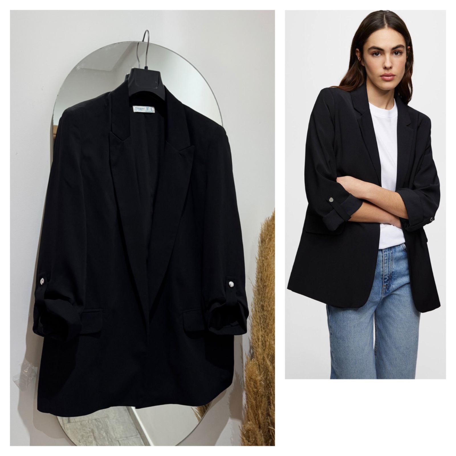Blazer noir Zara avec des manches retroussées et une patte boutonnée métallique