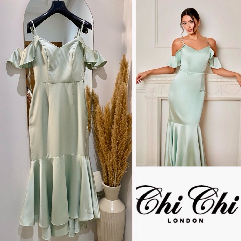 CHI CHI LONDON Satin Cami Ruffle Strap Bodycon Dress in Mint