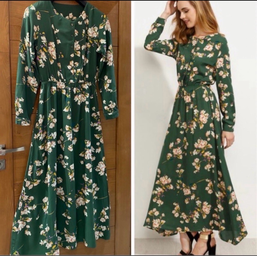 Robe Maxi Boutonné Imprimé à Petites Fleurs à Manches Longues - Vert 