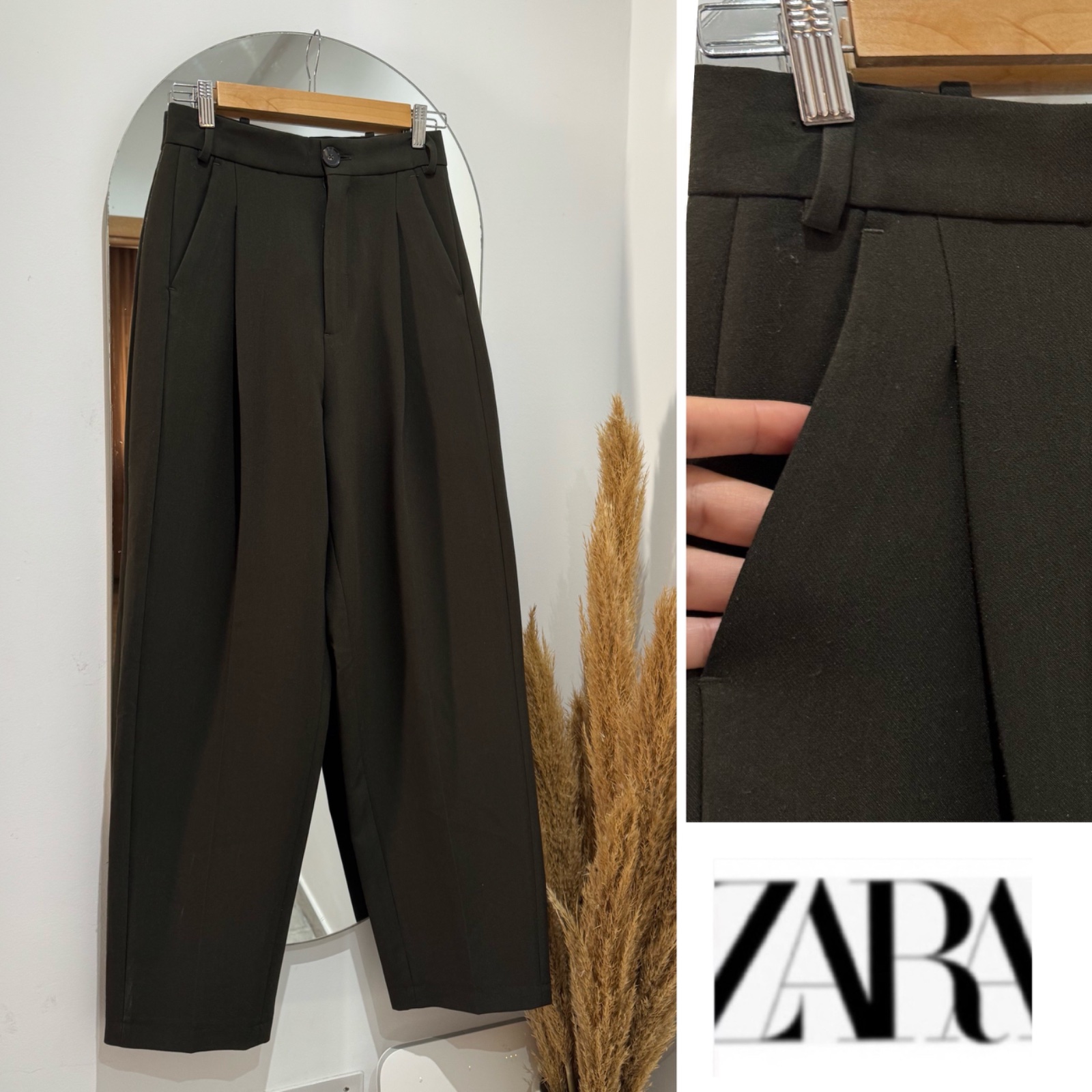 Pantalon ZARA taille haute vert olive foncè 