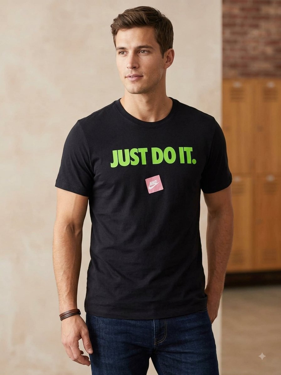 Nike "The Nike Tee" Noir avec Slogan Vert Fluo Iconique - Taille L