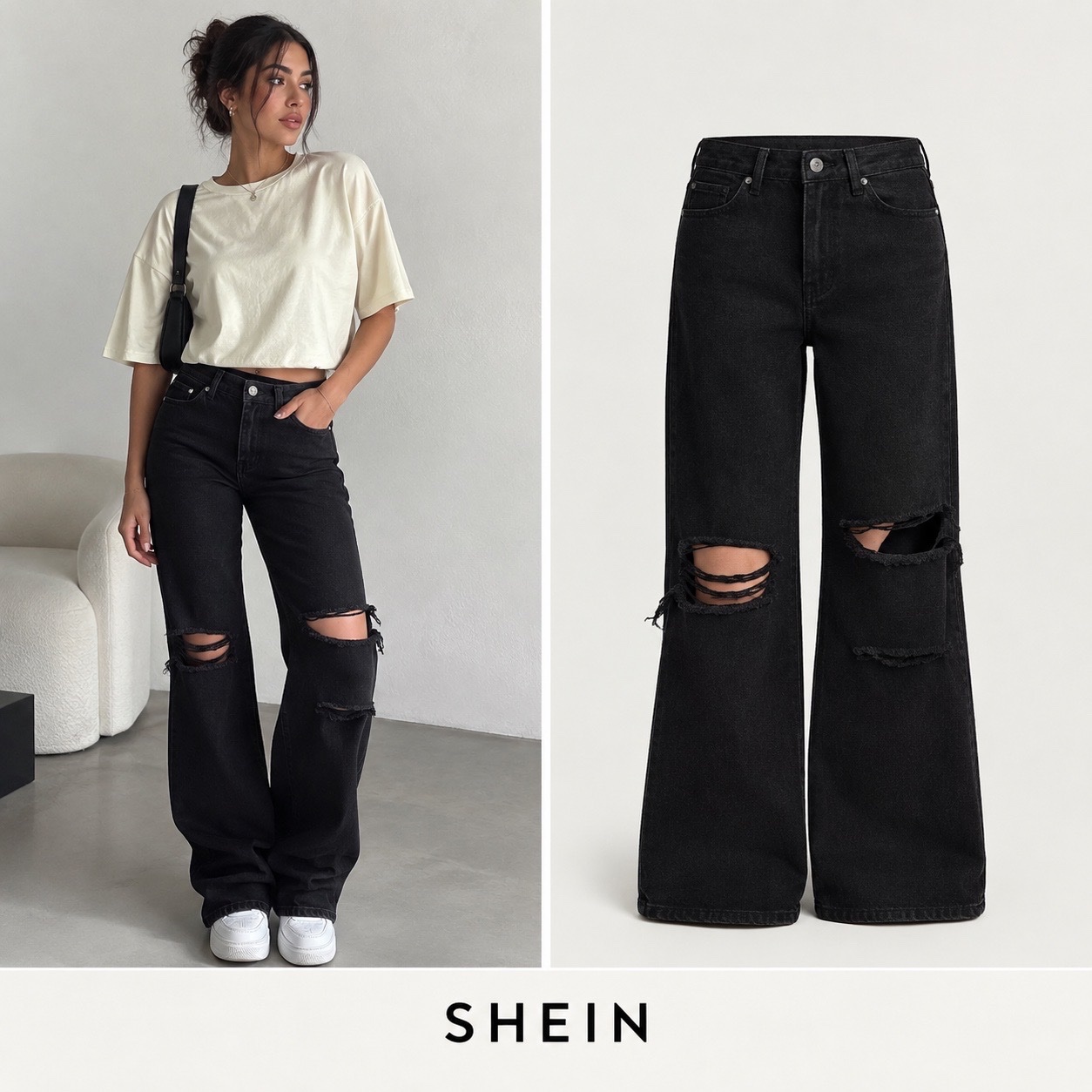Jeaan noir wide leg dechire de la marque shein 