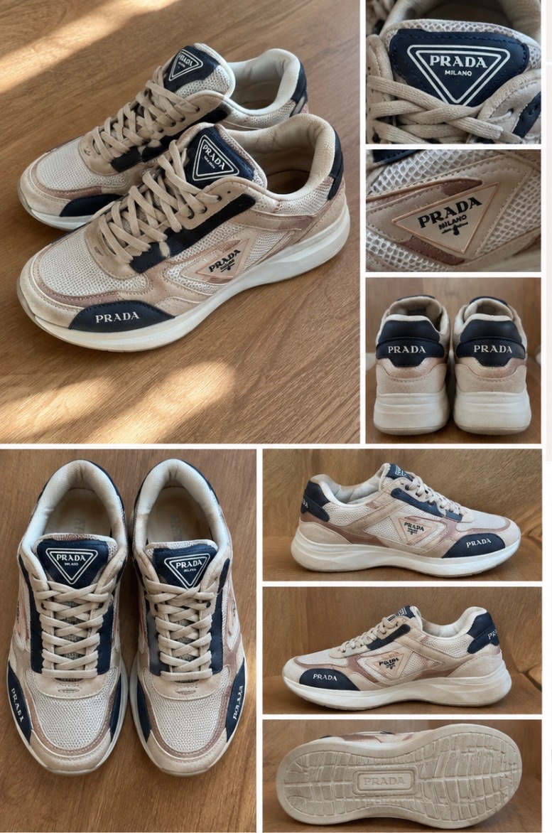Baskets style Prada – Beige & bleu marine 👟