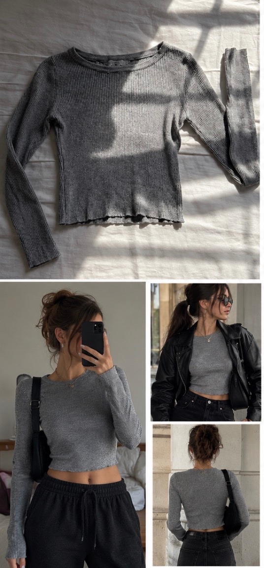 Pull gris côtelé à manches longues 🤍