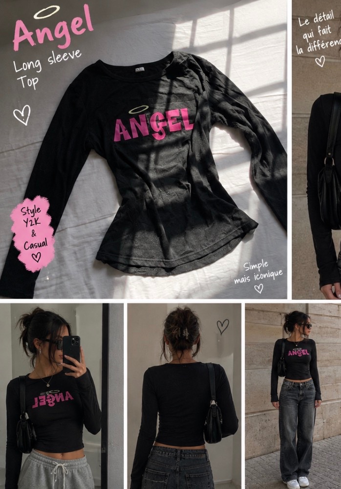 T-shirt noir manches longues « ANGEL » imprimé rose