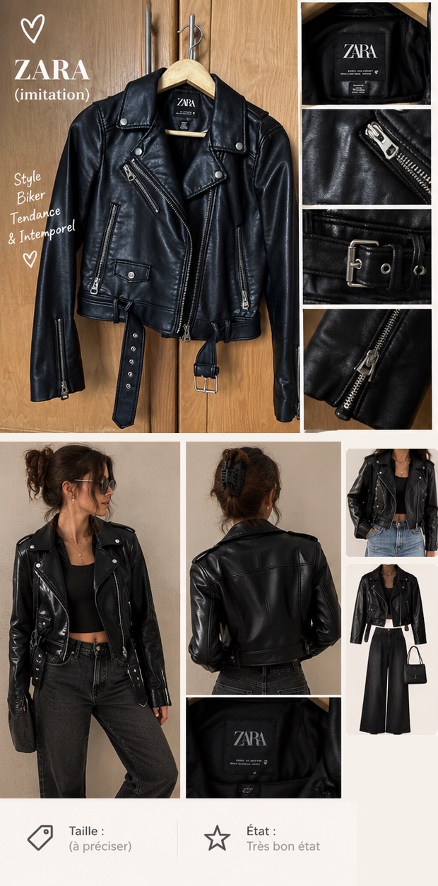 Veste en simili cuir noire style biker 