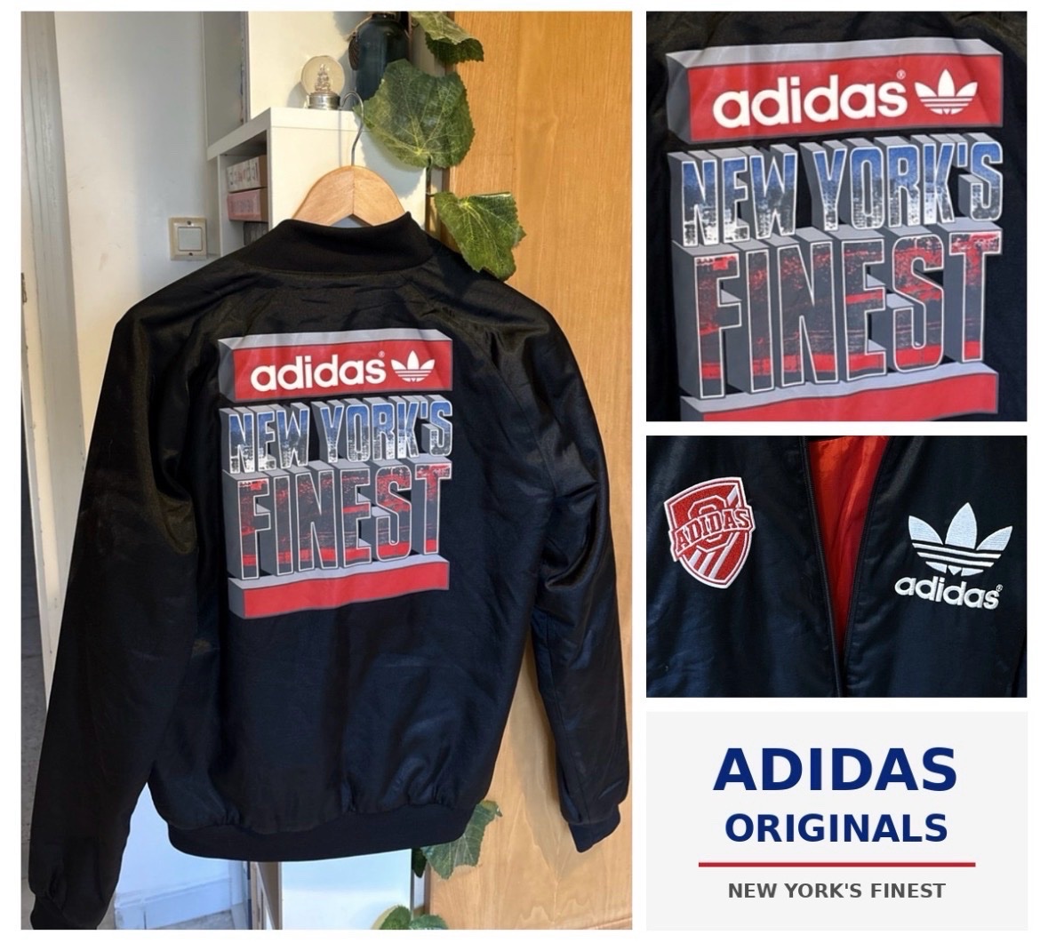Veste bomber Adidas Originals vintage, noire, finition satinée.