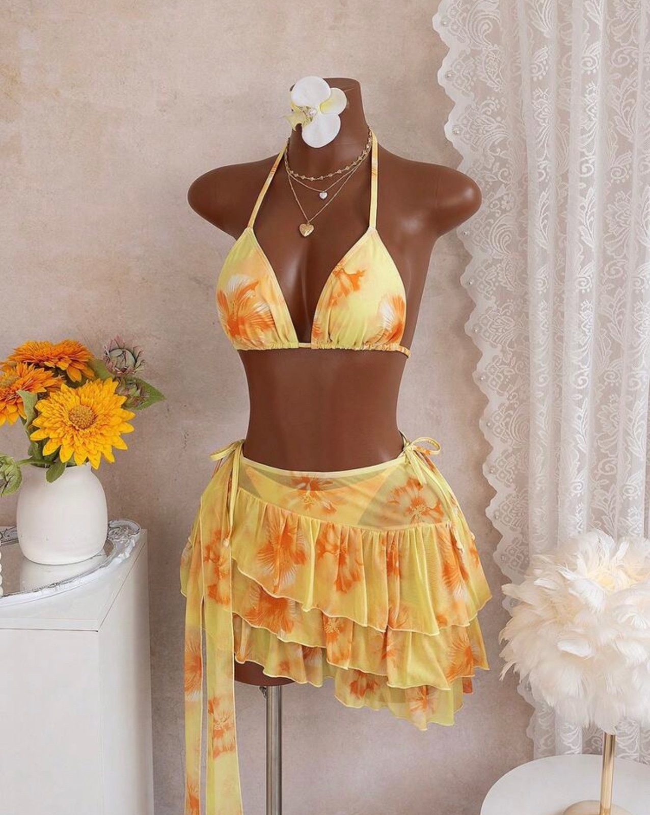 3 pieces watercolor floral swimsuit set 