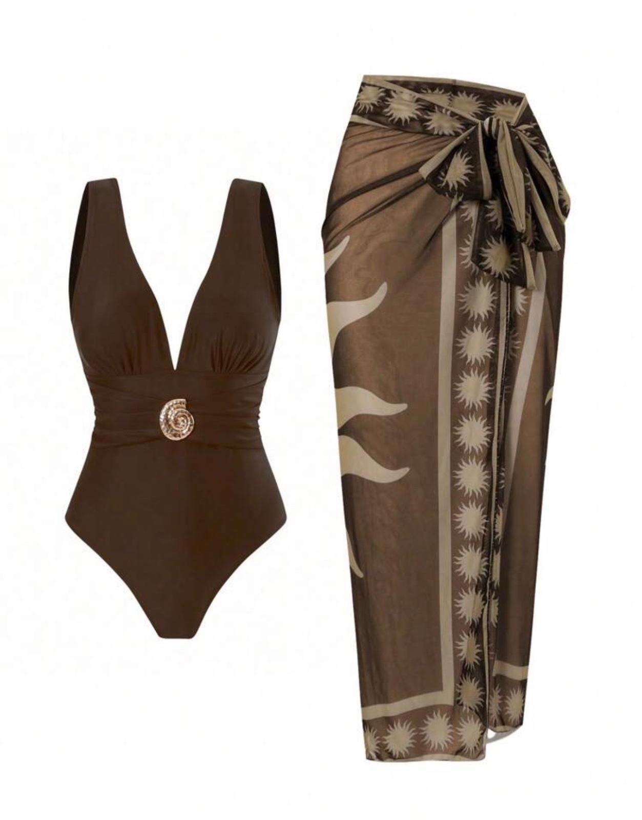2pcs/Set Women's Brown Swimsuit With Mesh Printed