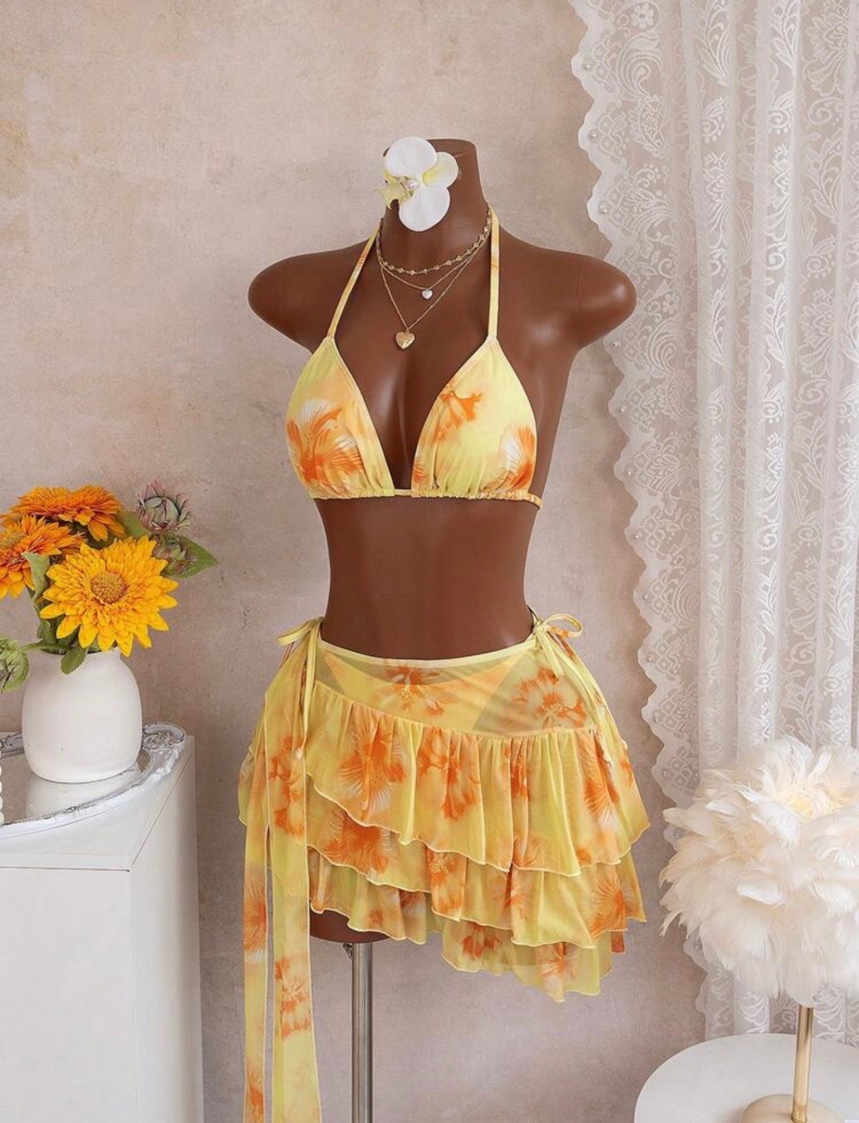 3pcs Floral Print Halter Bikini Top, Tie Side Bikini Bottom, And Sarong Skirt Swimwear Set