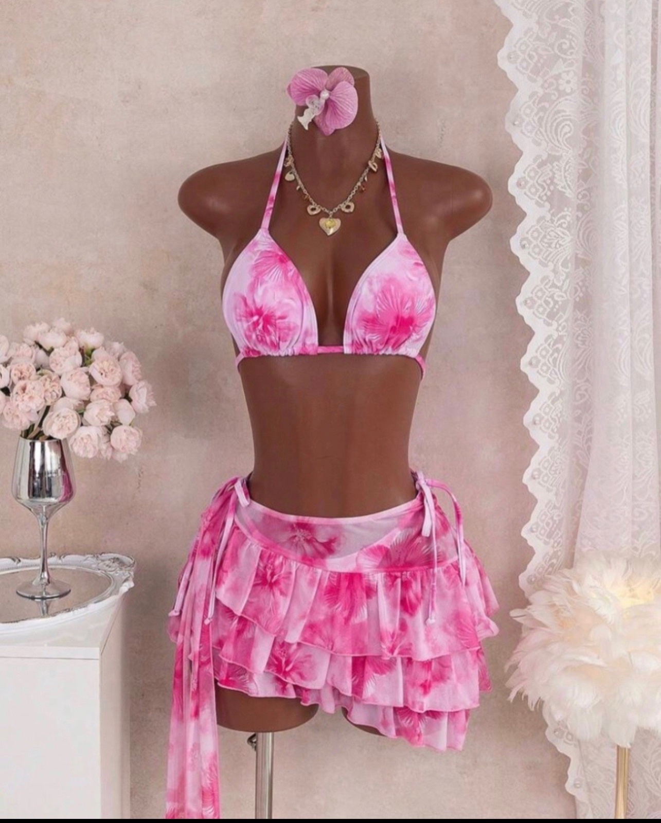 3pcs Floral Print Bikini Top, Tie Side Bikini Bottom, Skirt Swimwear Set 