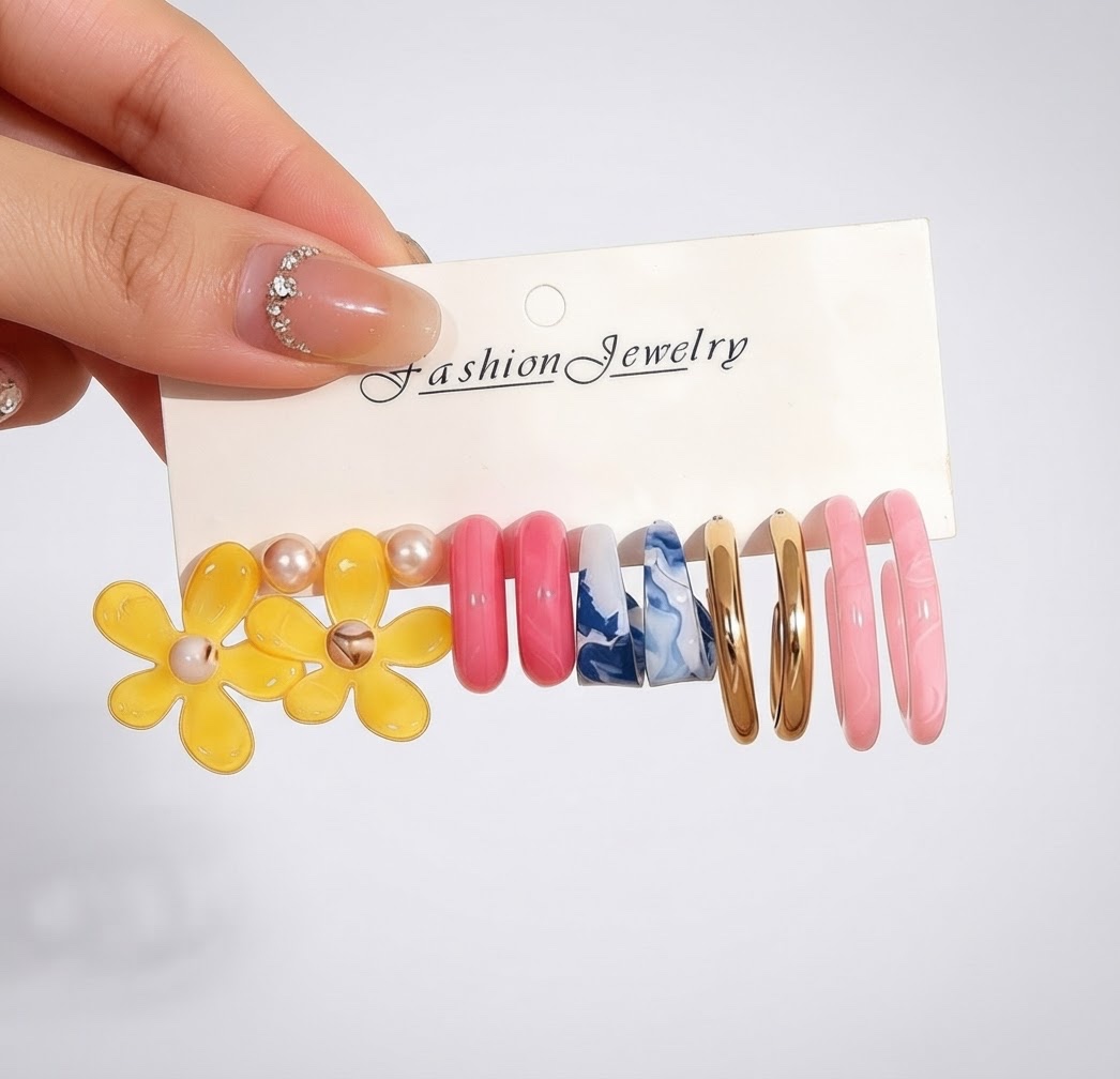 6 Pairs Bohemian Flower  Hoop Earrings 