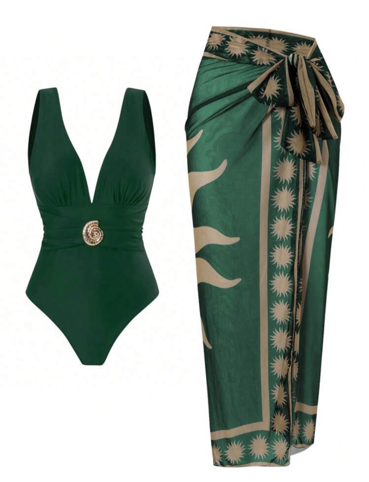 2pcs/Set Women's green  Swimsuit With Mesh Printed