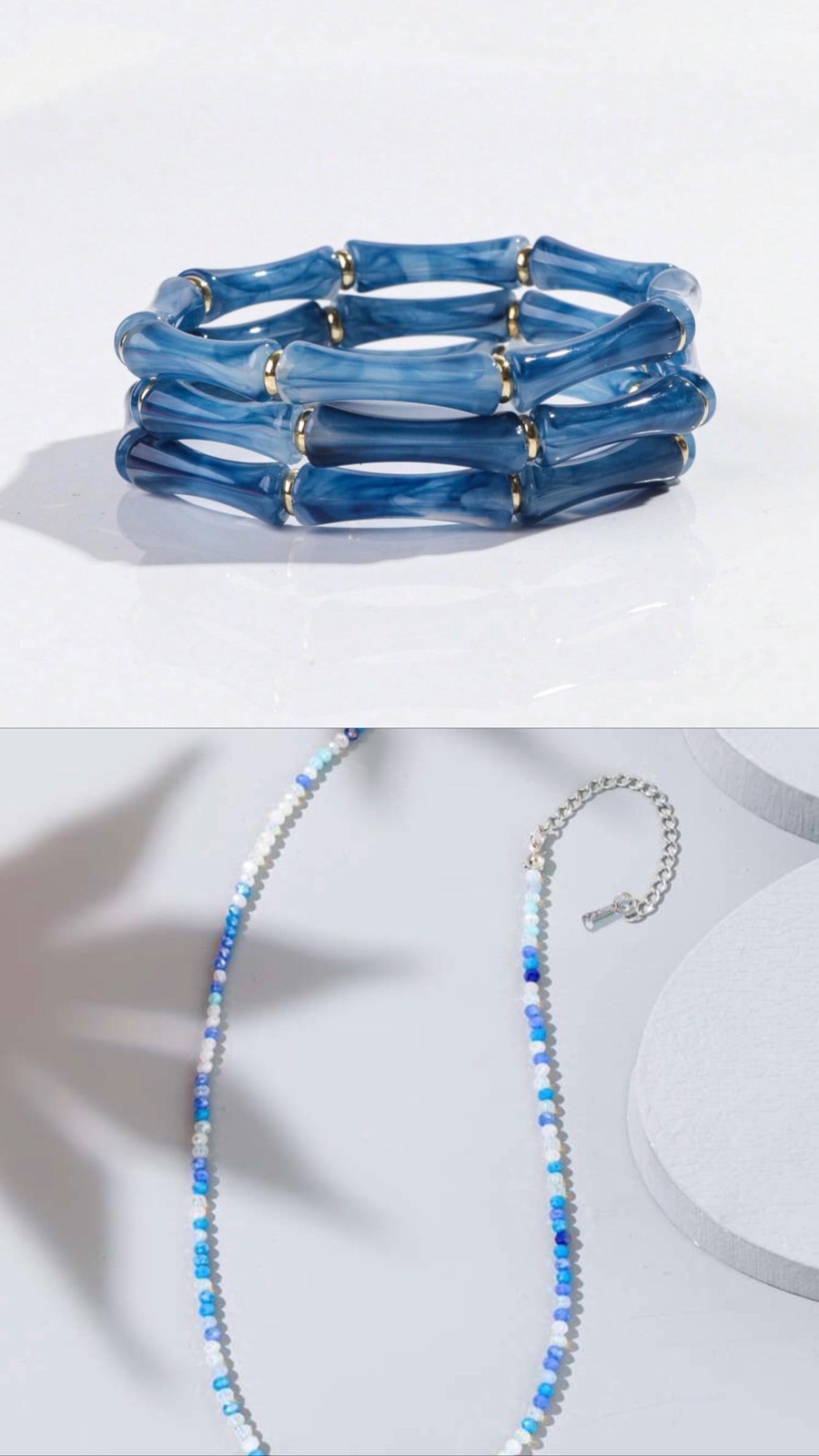 Crystal Beaded Neckl'ace + 3pcs Acrylic Marble Bamboo Bead Blue