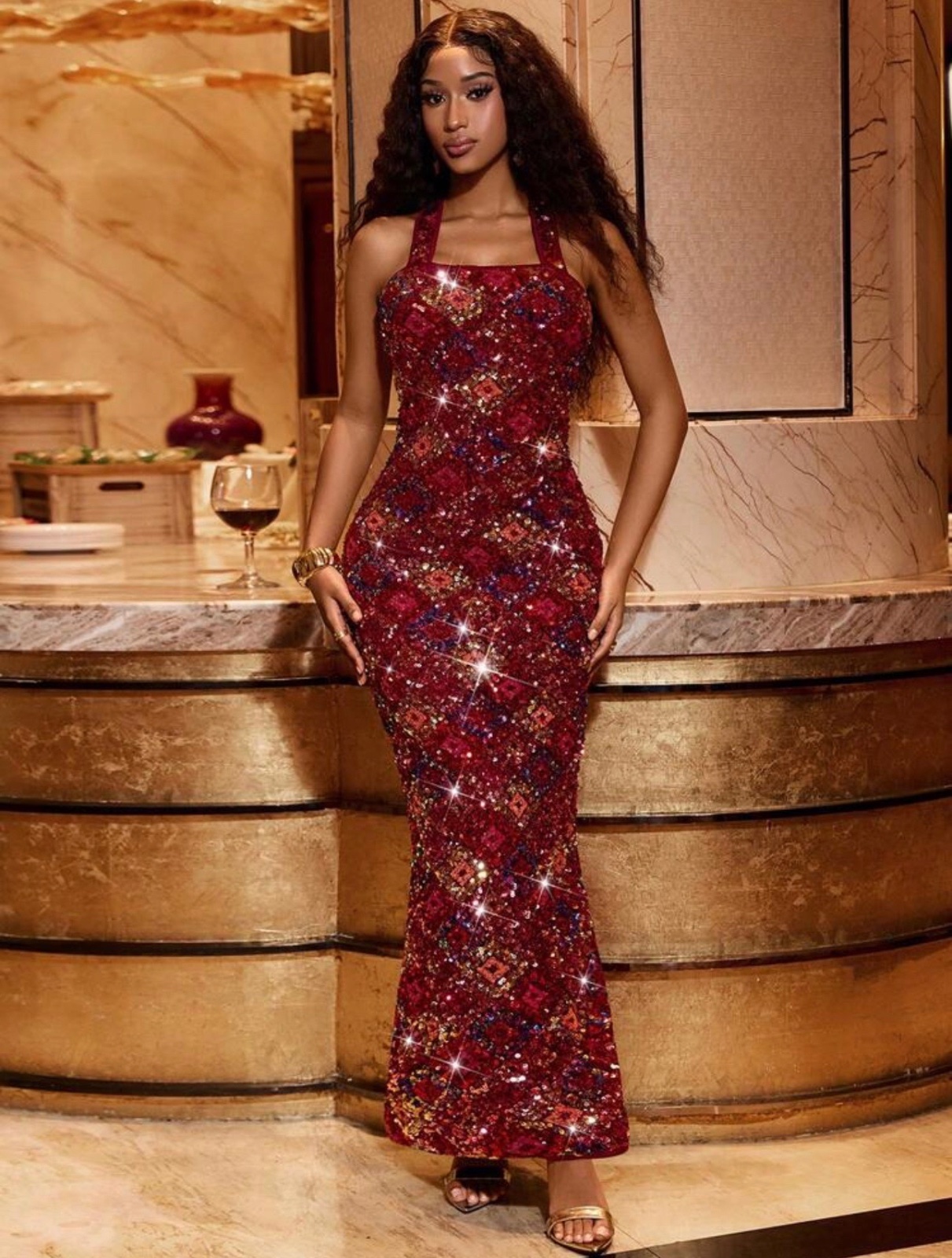  Women's Sleeveless Colorful Burgundy Sparkly Sequin Elegant Vintage Party Dress, Sexy Bodycon High Slit Maxi Dress