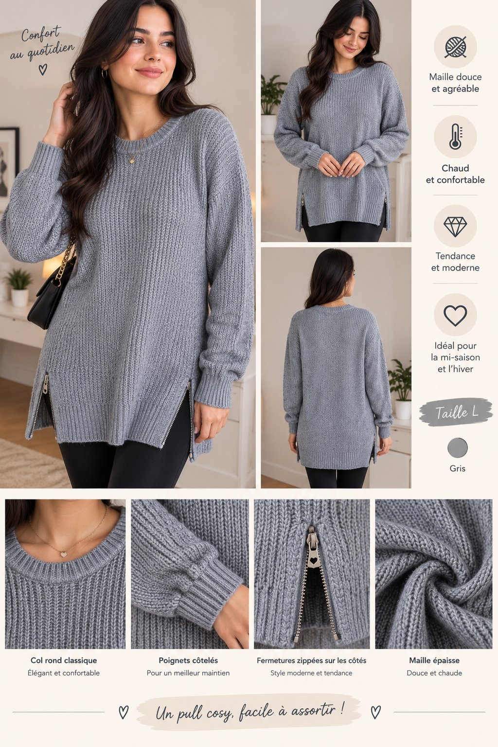 Pull long gris ALCOTT avec fermetures zippées – Taille L🩶🩶🩶🩶