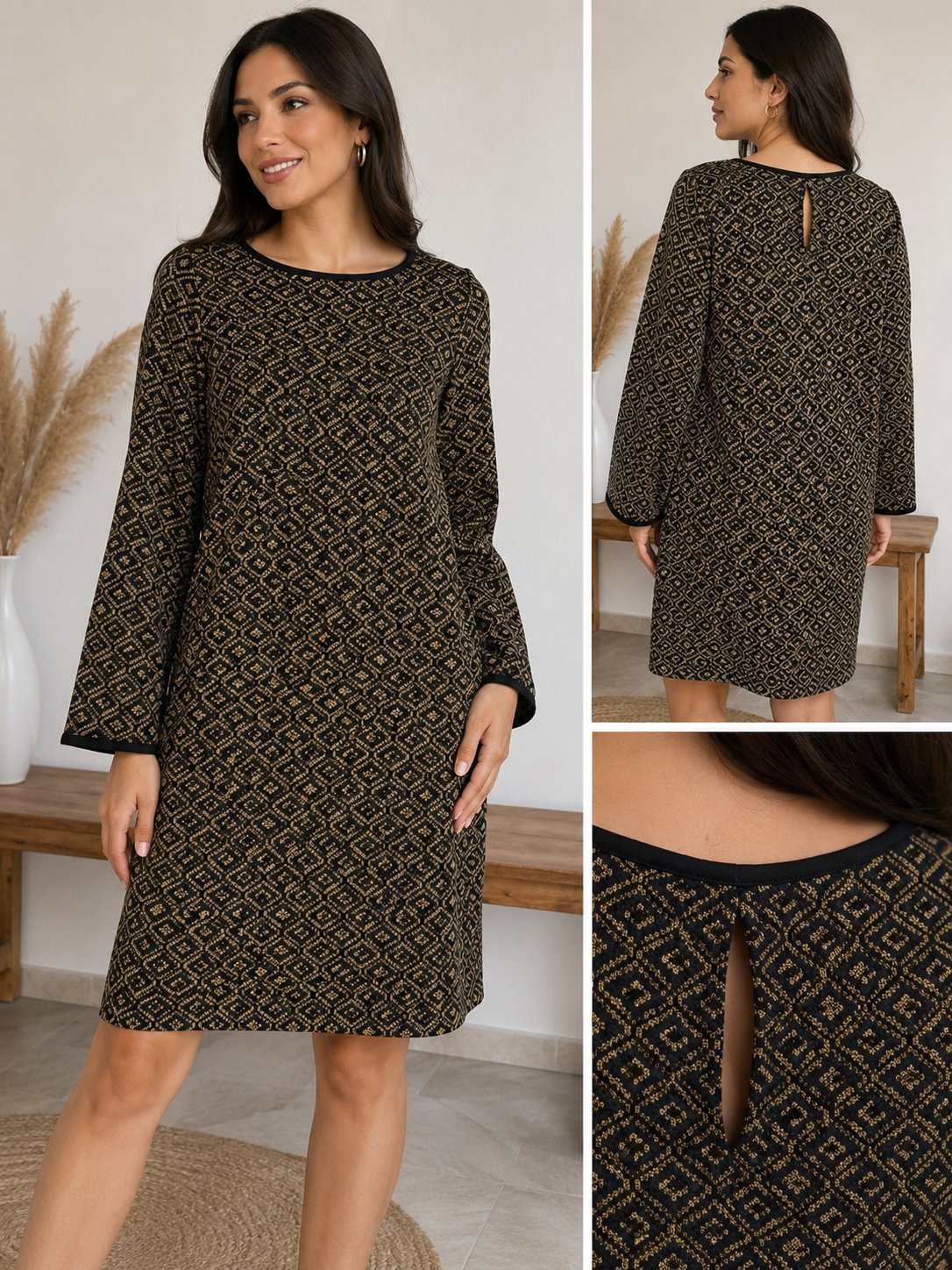 🖤💫Robe Promod chic noire à imprimé géométrique doré