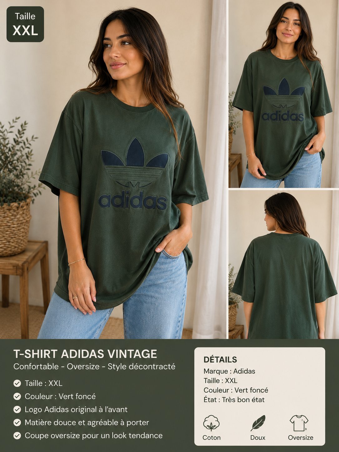 T shirt adidas original -taille XXL-Vert foncé 💚💚💚