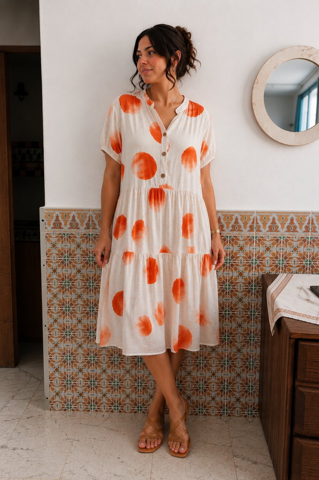 🧡Robe longue blanche à pois orange – Coupe fluide et ample