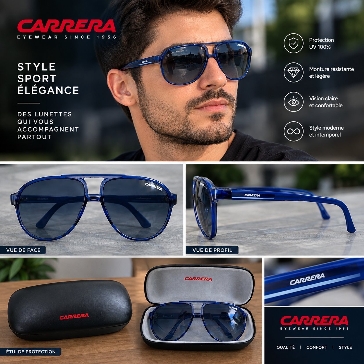 💙💙🇳🇱Lunettes de soleil Carrera pour homme, au design moderne et sportif