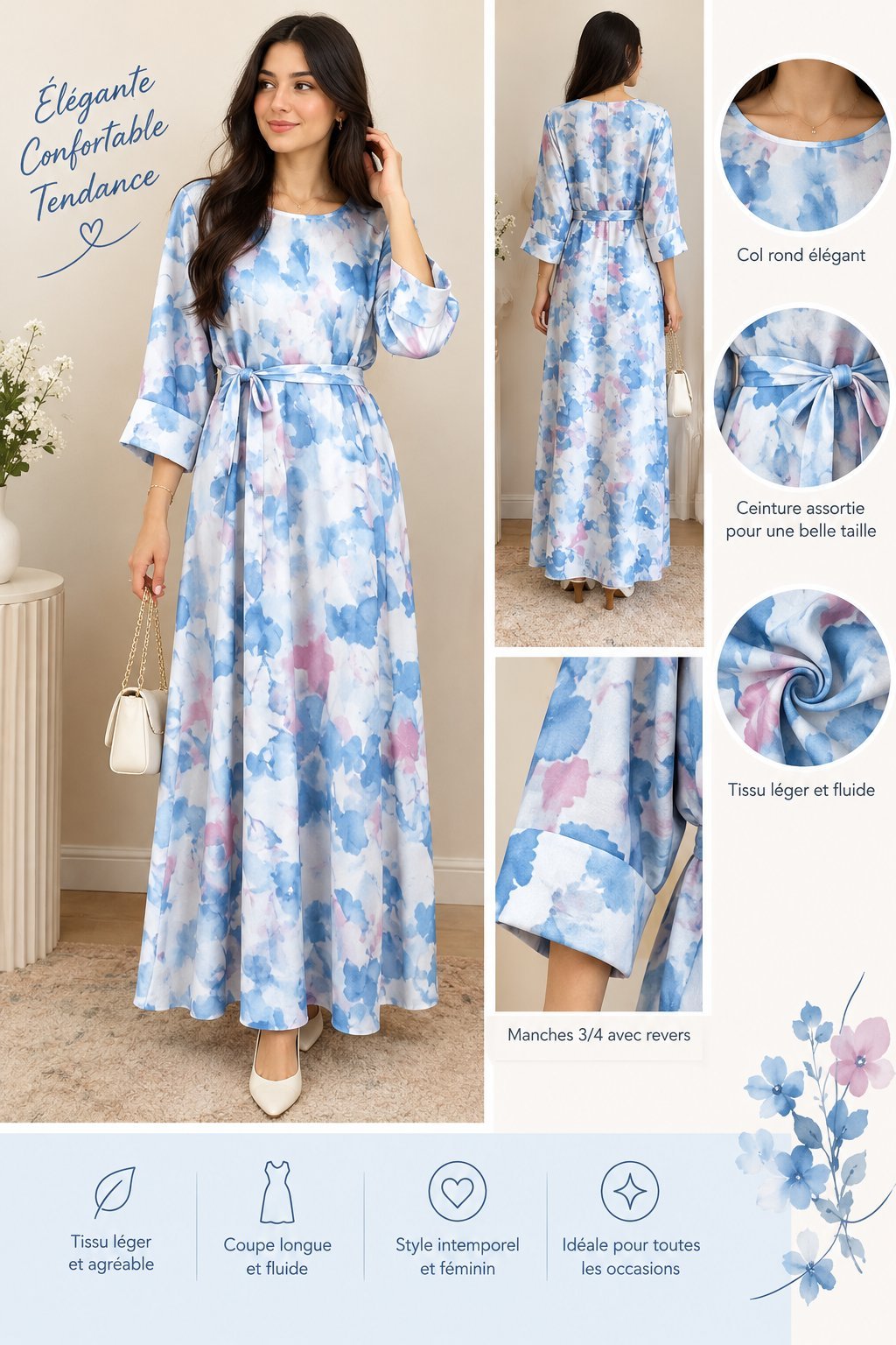 Robe importée longue fluide imprimé bleu et rose – Taille unique jusqu’au 48