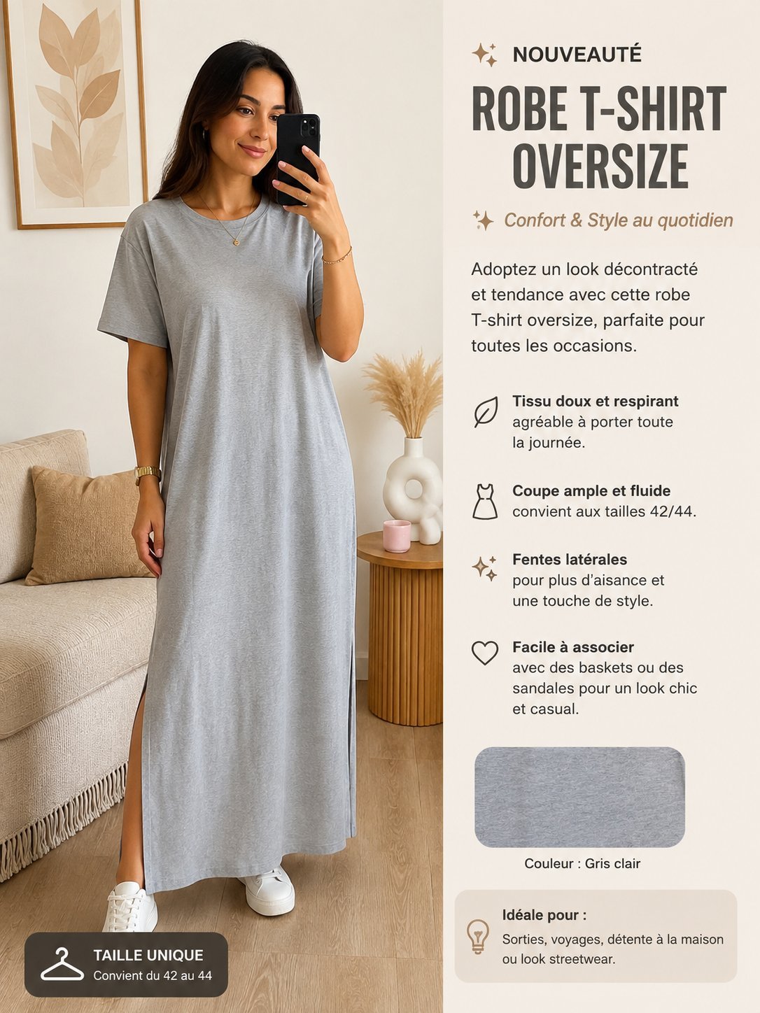✨️🩶Robe T-shirt longue et oversize en gris clair importée de la france🇲🇫🩶