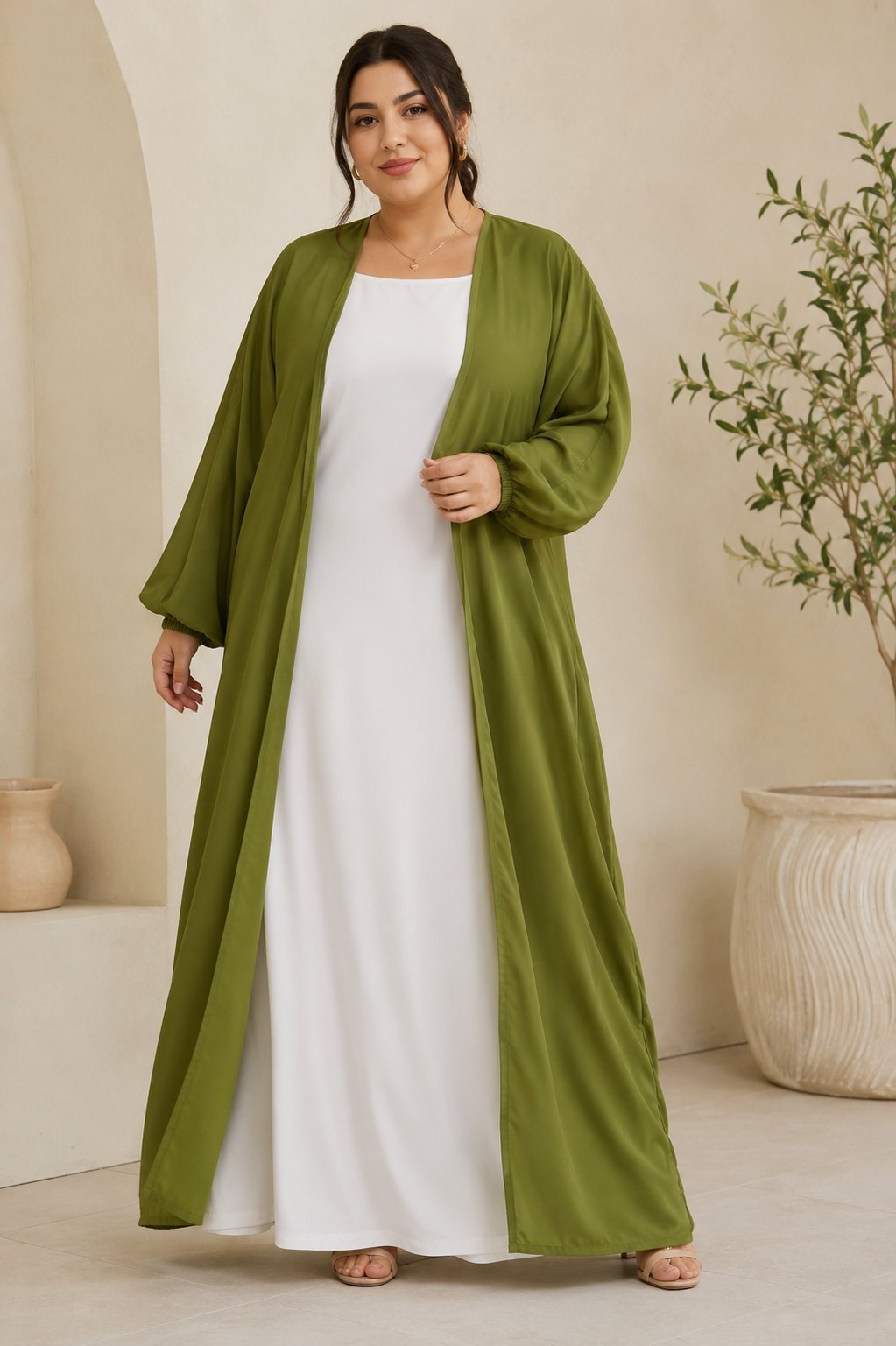 Ensemble Kimono Vert Olive + Robe Blanche – Taille 44